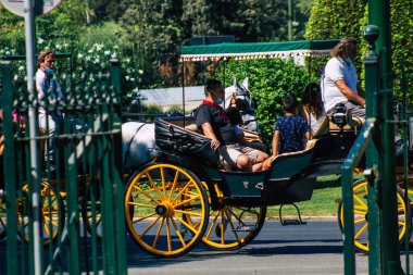Sevilla İspanya 28 Ağustos 2021 Coronavirüs salgını sırasında Seville sokaklarında at arabası gezintisi yapmak zorunludur, maske takmak zorunludur.