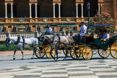Sevilla İspanya 28 Ağustos 2021 Coronavirüs salgını sırasında Seville sokaklarında at arabası gezintisi yapmak zorunludur, maske takmak zorunludur.