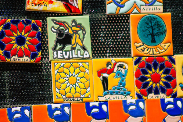 Seville Spain August 28, 2021 Decorative objects and souvenirs sold at Maria Luisa Park in Seville, the first urban park and one of the green lungs of Seville