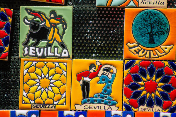 Seville Spain August 28, 2021 Decorative objects and souvenirs sold at Maria Luisa Park in Seville, the first urban park and one of the green lungs of Seville