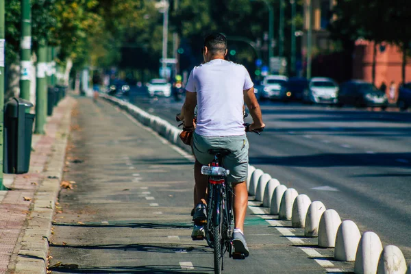 Seville Spain August 2021 People Rolling Bicycle Streets Seville Emblematic — Stock Photo, Image