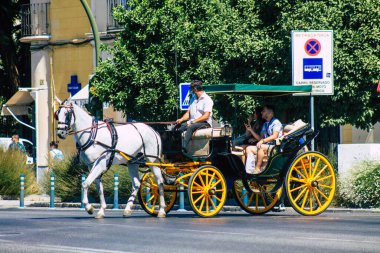 Seville İspanya 4 Eylül 2021 Coronavirüs salgını sırasında Seville sokaklarında at arabası gezintisi yapmak zorunda, maske takmak zorunludur.