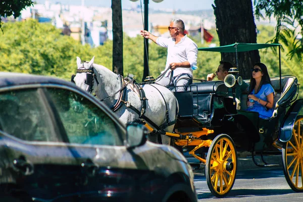 Seville İspanya 4 Eylül 2021 Coronavirüs salgını sırasında Seville sokaklarında at arabası gezintisi yapmak zorunda, maske takmak zorunludur.