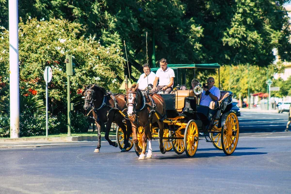 Seville İspanya 4 Eylül 2021 Coronavirüs salgını sırasında Seville sokaklarında at arabası gezintisi yapmak zorunda, maske takmak zorunludur.
