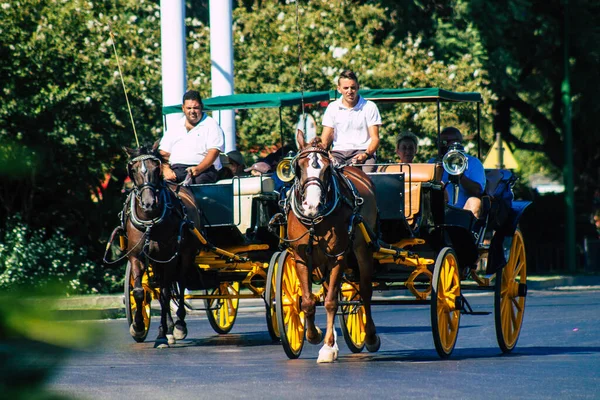 Seville İspanya 4 Eylül 2021 Coronavirüs salgını sırasında Seville sokaklarında at arabası gezintisi yapmak zorunda, maske takmak zorunludur.