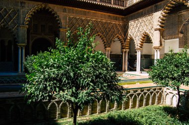 Sevilla İspanya 4 Eylül 2021 Sevilla Alcazar ve bahçeleri Müslüman döneminden kalma güçlendirilmiş bir saray. İspanya 'daki Mudejar mimarisinin en parlak örneği olarak kabul ediliyor.