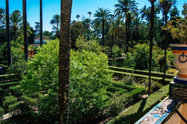 Sevilla İspanya 4 Eylül 2021 Sevilla Alcazar ve bahçeleri Müslüman döneminden kalma güçlendirilmiş bir saray. İspanya 'daki Mudejar mimarisinin en parlak örneği olarak kabul ediliyor.