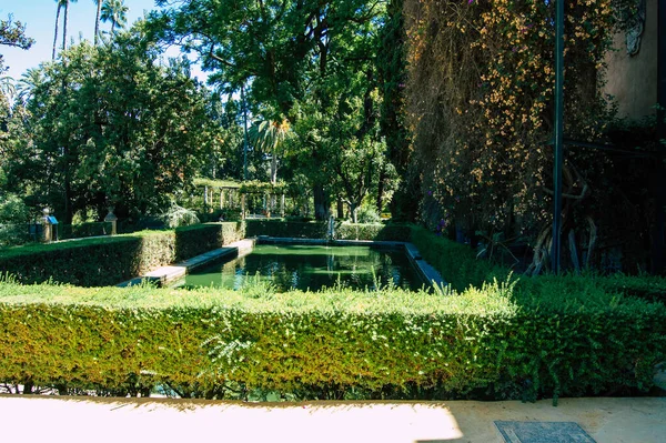 Sevilla Španělsko Září 2021 Alkazar Sevilly Jeho Zahrady Opevněný Palác — Stock fotografie