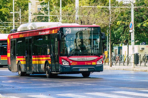 Seville Spain September 2021 Bus Driving Streets Seville Coronavirus Outbreak — Stock Photo, Image