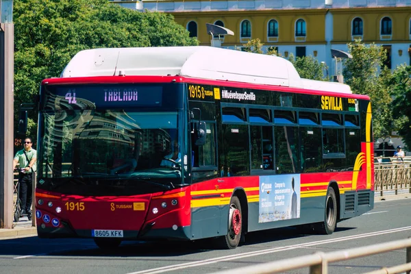 Seville Spain September 2021 Bus Driving Streets Seville Coronavirus Outbreak — Stock Photo, Image