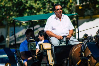 18 Eylül 2021 'de İspanya' da koronavirüs salgını sırasında Seville sokaklarında at arabasıyla dolaşmak zorunludur. Maske takmak zorunludur.