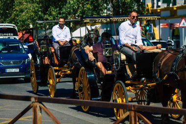 18 Eylül 2021 'de İspanya' da koronavirüs salgını sırasında Seville sokaklarında at arabasıyla dolaşmak zorunludur. Maske takmak zorunludur.