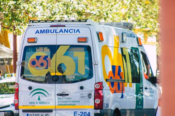 Seville Spain September 2021 Ambulance Driving Streets Seville Coronavirus Outbreak — Stock Photo, Image