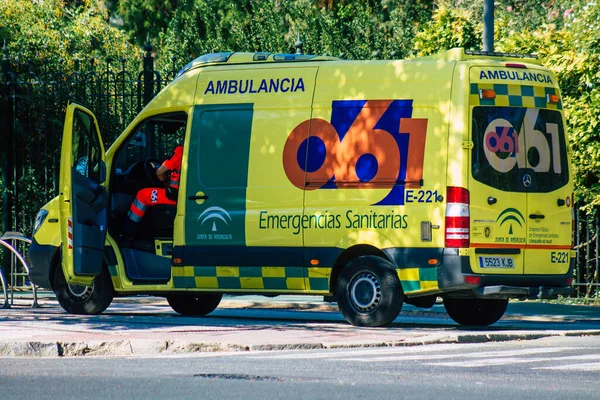 Seville Spain September 2021 Ambulance Driving Streets Seville Coronavirus Outbreak — Stock Photo, Image