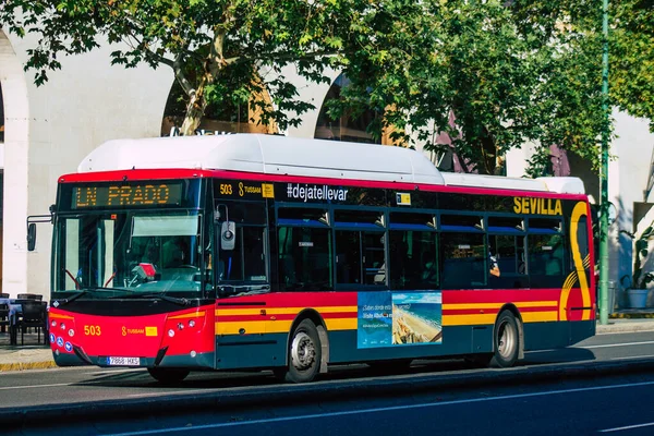 Seville Spain September 2021 Bus Driving Streets Seville Coronavirus Outbreak — Stock Photo, Image