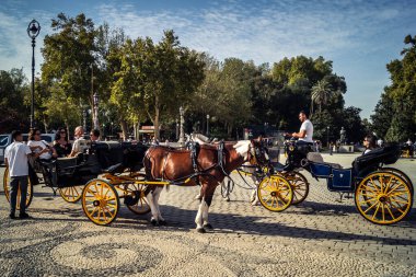 Seville, İspanya, 15 Ekim 2025 İspanya Plaza 'sını ziyaret eden turistler, Mara Luisa Parkında bir plaza. 1928 yılında 1929 'daki Ibero-Amerikan Sergisi için inşa edildi. Bölgesel Mimarlık.
