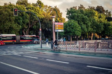 Seville, İspanya, 5 Kasım 2025 tarihi bölge, sokak sahneleri ve günlük yaşam. Trafik ve mimari, Endülüs 'teki kentsel yaşamın pitoresk bir görüntüsü.