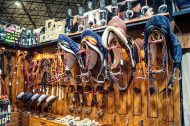 Seville, İspanya, 18 Kasım 2025 Seville Uluslararası At Fuarı 'nda (SICAB) binicilik atölyesi. Dünyanın en büyük İspanyol atları sergisi 350 'den fazla üreticiyi bir araya getirdi..