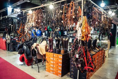 Seville, İspanya, 18 Kasım 2025 Seville Uluslararası At Fuarı 'nda (SICAB) binicilik atölyesi. Dünyanın en büyük İspanyol atları sergisi 350 'den fazla üreticiyi bir araya getirdi..