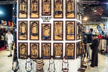 Seville, İspanya, 18 Kasım 2025 Seville Uluslararası At Fuarı 'nda (SICAB) binicilik atölyesi. Dünyanın en büyük İspanyol atları sergisi 350 'den fazla üreticiyi bir araya getirdi..