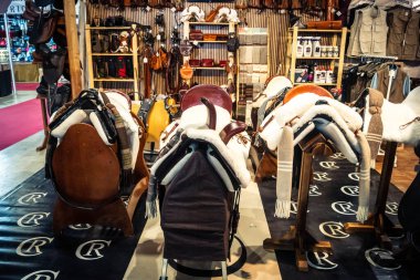 Seville, İspanya, 18 Kasım 2025 Seville Uluslararası At Fuarı 'nda (SICAB) binicilik atölyesi. Dünyanın en büyük İspanyol atları sergisi 350 'den fazla üreticiyi bir araya getirdi..