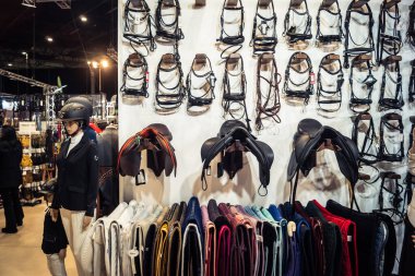 Seville, İspanya, 18 Kasım 2025 Seville Uluslararası At Fuarı 'nda (SICAB) binicilik atölyesi. Dünyanın en büyük İspanyol atları sergisi 350 'den fazla üreticiyi bir araya getirdi..