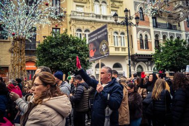 Seville, İspanya, 30 Kasım 2025 Sevilla 'da serbest çalışan işçiler, İspanyol hükümetinin uğradığı sömürüyü protesto etmek için şehrin tarihi merkezinde gösteri yaptılar..