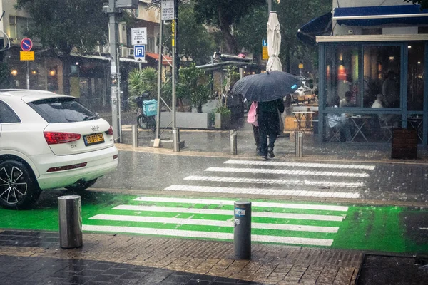 Tel Aviv, İsrail, 29 Aralık 2025. Yayalar şemsiyelerle yağmurda yürür Orta Doğu 'nun en modern şehirlerinden biri olan Tel Aviv sokaklarında..