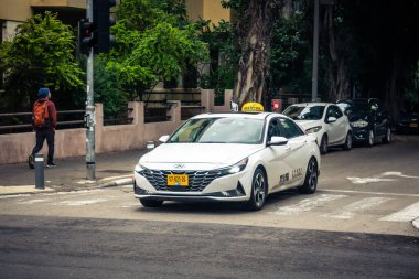 Tel Aviv, İsrail, 14 Ocak 2026 Taksiler Rothschild Bulvarı boyunca hareketli, ağaçlarla kaplı bir merkez caddede ilerliyorlar. Şehir hareketliliğini ve akışını sürdüren modern şehir yaşam tarzını yansıtıyorlar..