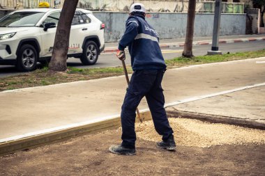 Tel Aviv, İsrail, 21 Ocak 2026 Tel Aviv Şehir Parkları Departmanı 'nın bir çalışanı Rothschild Bulvarı' na dekoratif çakıl yayıyor..