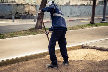 Tel Aviv, İsrail, 21 Ocak 2026 Tel Aviv Şehir Parkları Departmanı 'nın bir çalışanı Rothschild Bulvarı' na dekoratif çakıl yayıyor..