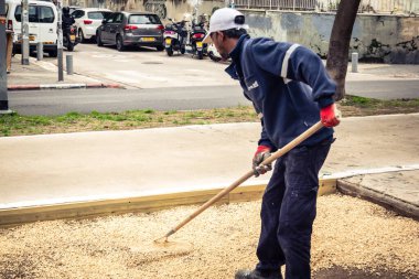 Tel Aviv, İsrail, 21 Ocak 2026 Tel Aviv Şehir Parkları Departmanı 'nın bir çalışanı Rothschild Bulvarı' na dekoratif çakıl yayıyor..