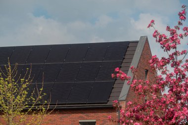 Çatı güneş panelleri eğimli çatıya yerleştirilmiş, baharda çiçek açan ağaçlarla çerçevelenmiş modern konut evinin yakın görüntüsü. Yenilenebilir enerji, sürdürülebilir yaşam, meskun güneş enerjisi.