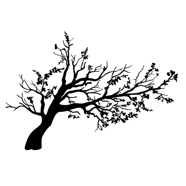 Árbol en viento con hojas voladoras — Vector de stock