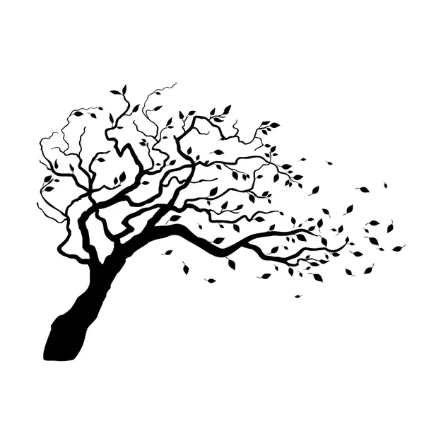 Дерево на ветру с летящими листьями — стоковый вектор