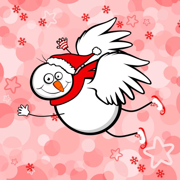Funny snowman flying on red pattern — Stock Vector