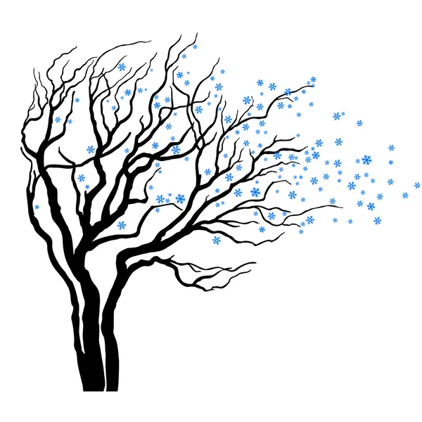 Träd med blad fulla av snöflingor i vinden Royaltyfria illustrationer