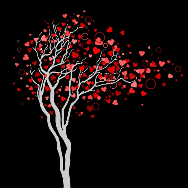 Tree with heart leaves on black background — Stock Vector