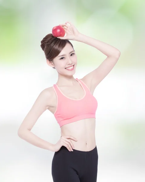 Happy health woman show apple — Stock Photo, Image