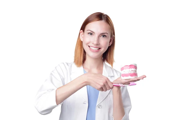 Médico ensinando como escovar os dentes — Fotografia de Stock