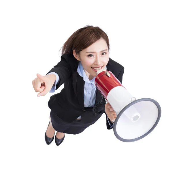 Business woman talking in megaphone — Stock Photo, Image