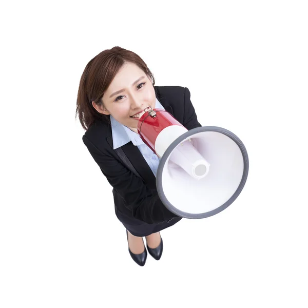 Business woman talking in megaphone — Stock Photo, Image