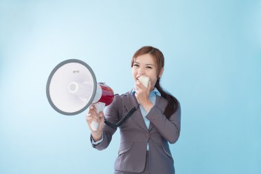 Businesswoman happy with a megaphone clipart