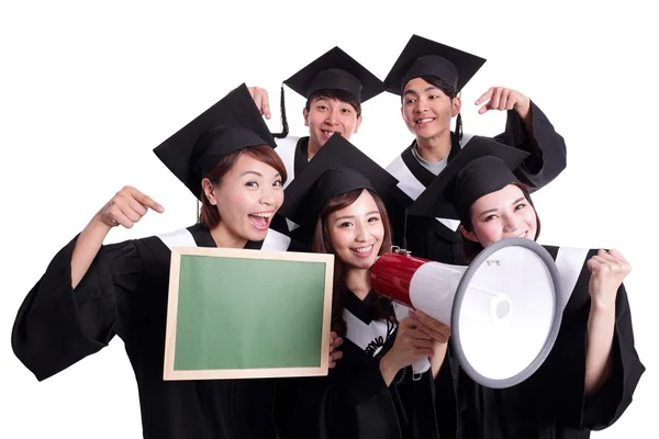 Happy graduates student show chalkboard — Stock Photo, Image