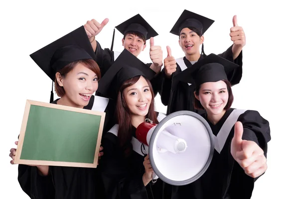 Happy graduates student show chalkboard — Stock Photo, Image