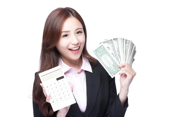Бізнес-леді з грошима і калькулятором — стокове фото