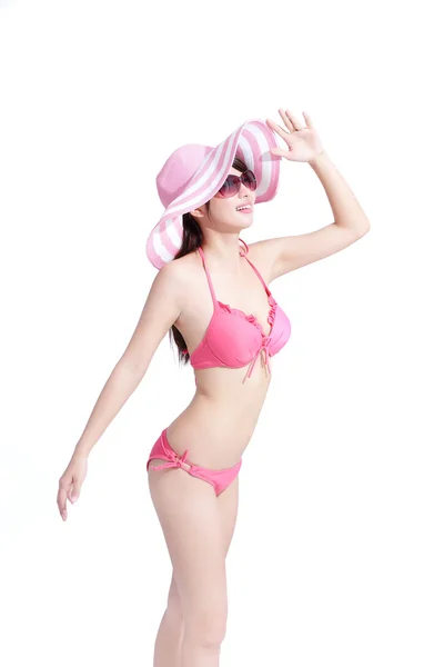 Mujer vistiendo bikini y buscando a alguien — Foto de Stock