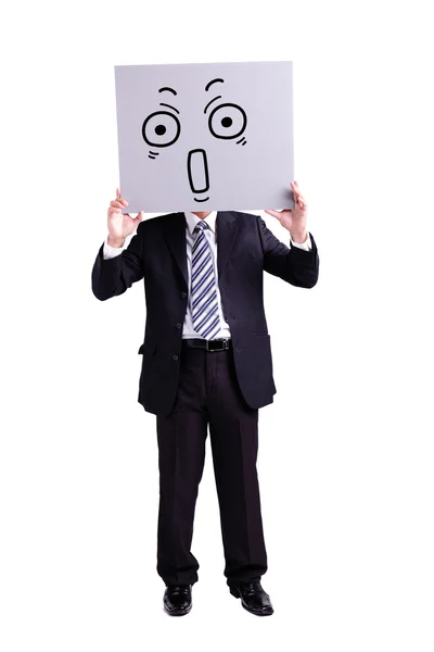 Businessman holding surprise expression billboard — Stock Photo, Image
