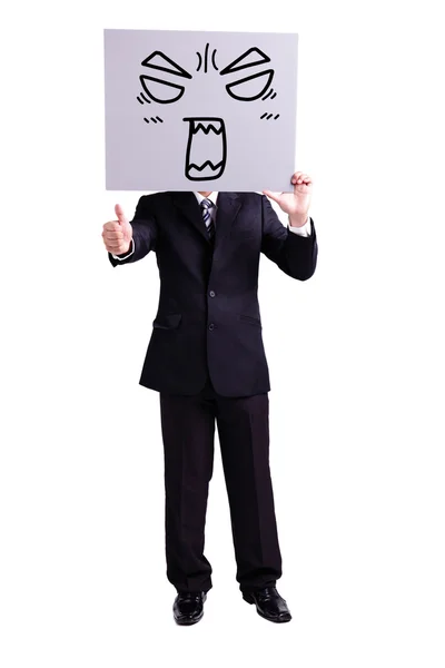 Empresário segurando cartaz expressão irritado — Fotografia de Stock