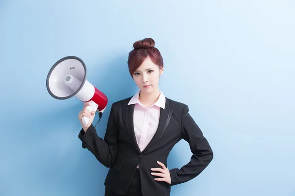 Business woman holding loud speaker — Stock Photo, Image